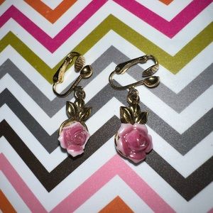 Vintage Gold and Pink Rose Flower Clip On Earrings